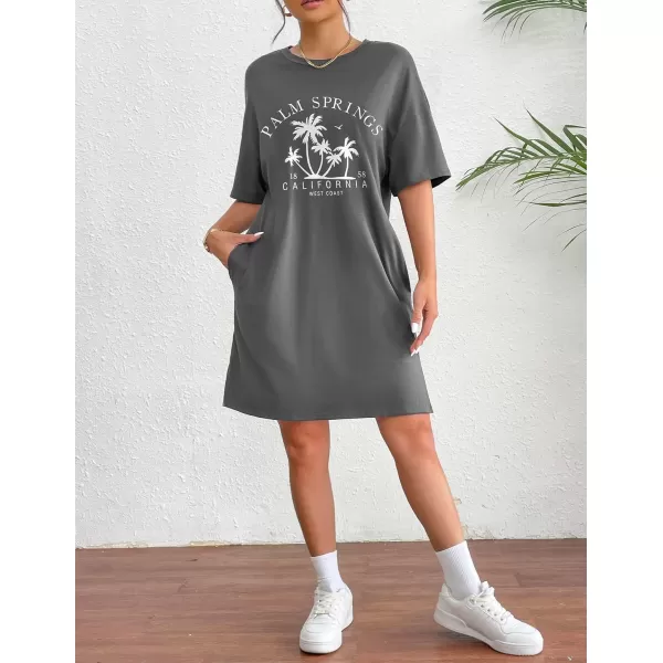 HOTOUCH Womens T Shirt Casual Dress Oversized Graphic Print Short Sleeve O Neck Beach Dress with Pockets NightgownGreycoconut Palm