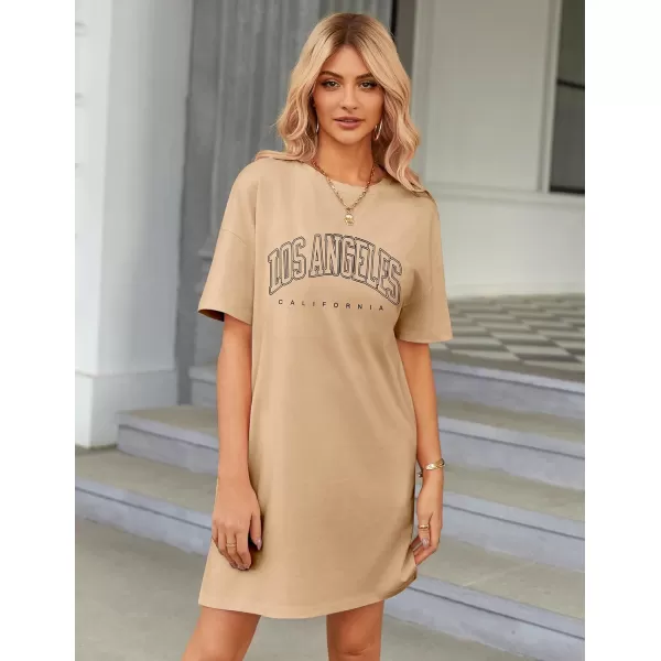 HOTOUCH Womens T Shirt Casual Dress Oversized Graphic Print Short Sleeve O Neck Beach Dress with Pockets NightgownKhaki