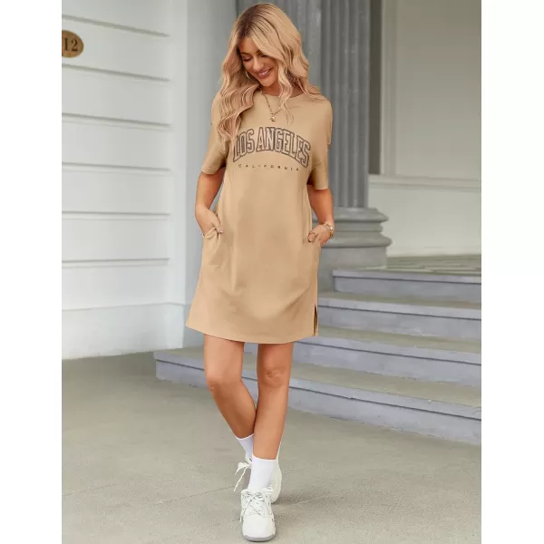 HOTOUCH Womens T Shirt Casual Dress Oversized Graphic Print Short Sleeve O Neck Beach Dress with Pockets NightgownKhaki