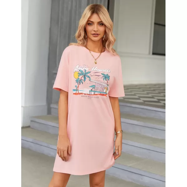 HOTOUCH Womens T Shirt Casual Dress Oversized Graphic Print Short Sleeve O Neck Beach Dress with Pockets NightgownPinkseaside