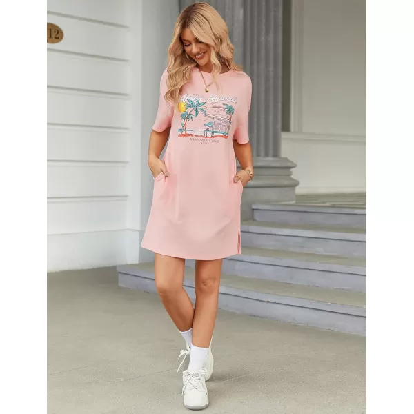 HOTOUCH Womens T Shirt Casual Dress Oversized Graphic Print Short Sleeve O Neck Beach Dress with Pockets NightgownPinkseaside