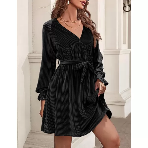 HOTOUCH Womens Velvet Dress Wrap V Neck Flared Dress Long Lantern Sleeve Dresses with Belt Cocktail Party DressBlack