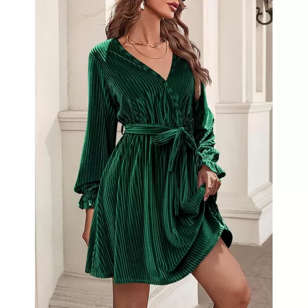 HOTOUCH Womens Velvet Dress Wrap V Neck Flared Dress Long Lantern Sleeve Dresses with Belt Cocktail Party DressGreen