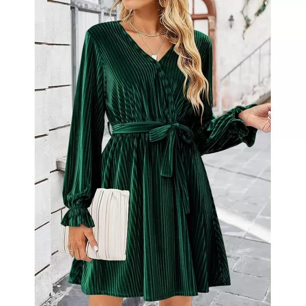 HOTOUCH Womens Velvet Dress Wrap V Neck Flared Dress Long Lantern Sleeve Dresses with Belt Cocktail Party DressGreen