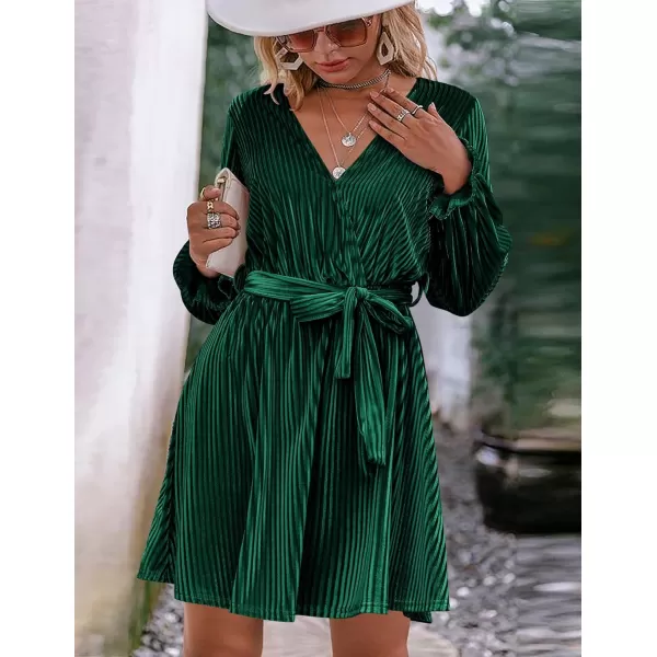 HOTOUCH Womens Velvet Dress Wrap V Neck Flared Dress Long Lantern Sleeve Dresses with Belt Cocktail Party DressGreen