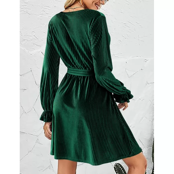 HOTOUCH Womens Velvet Dress Wrap V Neck Flared Dress Long Lantern Sleeve Dresses with Belt Cocktail Party DressGreen