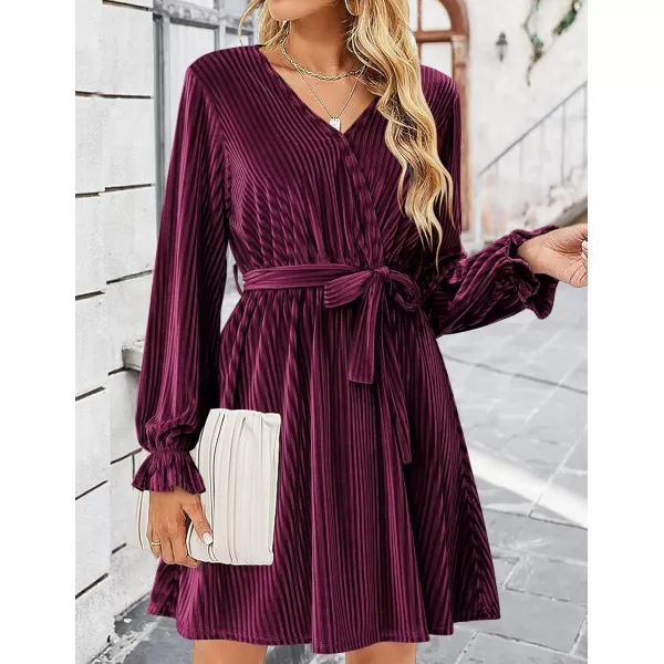 HOTOUCH Womens Velvet Dress Wrap V Neck Flared Dress Long Lantern Sleeve Dresses with Belt Cocktail Party DressMaroon