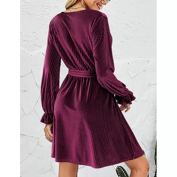 HOTOUCH Womens Velvet Dress Wrap V Neck Flared Dress Long Lantern Sleeve Dresses with Belt Cocktail Party DressMaroon