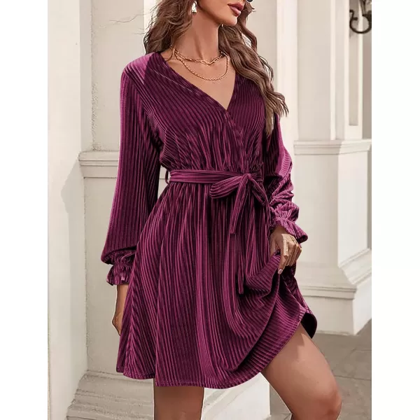 HOTOUCH Womens Velvet Dress Wrap V Neck Flared Dress Long Lantern Sleeve Dresses with Belt Cocktail Party DressMaroon