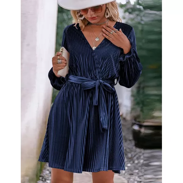 HOTOUCH Womens Velvet Dress Wrap V Neck Flared Dress Long Lantern Sleeve Dresses with Belt Cocktail Party DressNavy Blue