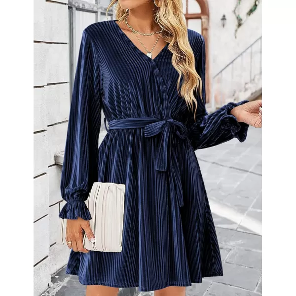 HOTOUCH Womens Velvet Dress Wrap V Neck Flared Dress Long Lantern Sleeve Dresses with Belt Cocktail Party DressNavy Blue