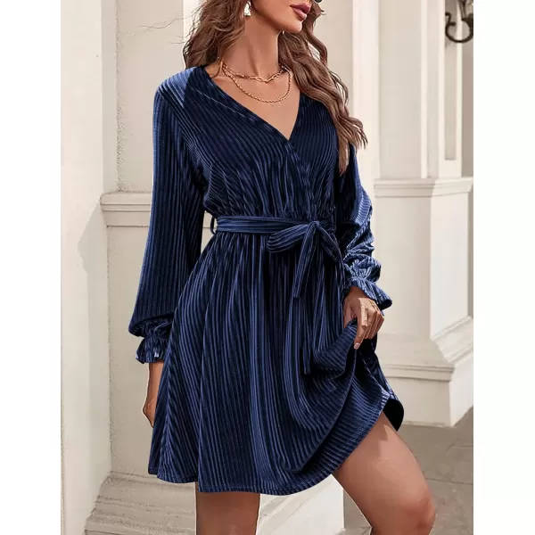 HOTOUCH Womens Velvet Dress Wrap V Neck Flared Dress Long Lantern Sleeve Dresses with Belt Cocktail Party DressNavy Blue