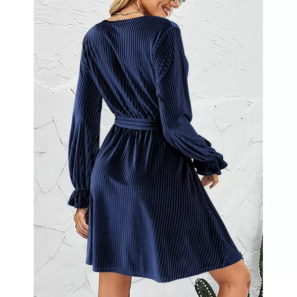 HOTOUCH Womens Velvet Dress Wrap V Neck Flared Dress Long Lantern Sleeve Dresses with Belt Cocktail Party DressNavy Blue