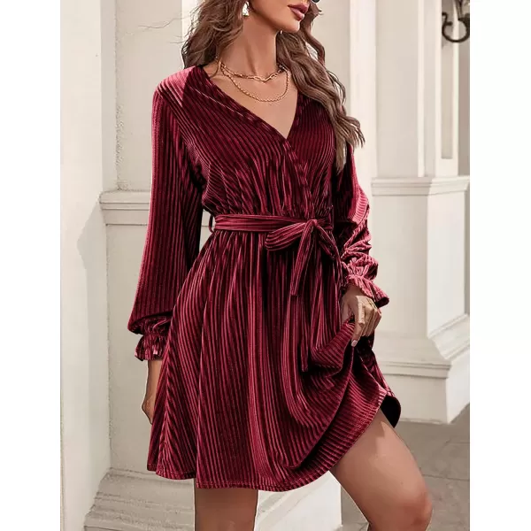 HOTOUCH Womens Velvet Dress Wrap V Neck Flared Dress Long Lantern Sleeve Dresses with Belt Cocktail Party DressWine Red