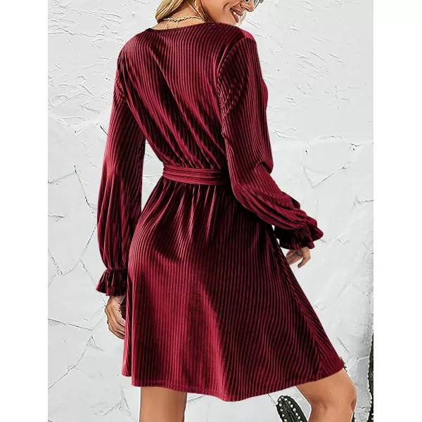 HOTOUCH Womens Velvet Dress Wrap V Neck Flared Dress Long Lantern Sleeve Dresses with Belt Cocktail Party DressWine Red