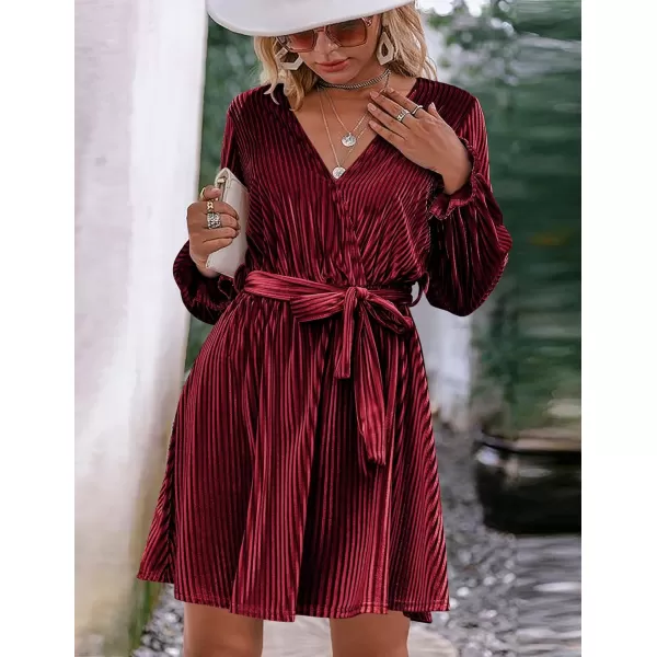 HOTOUCH Womens Velvet Dress Wrap V Neck Flared Dress Long Lantern Sleeve Dresses with Belt Cocktail Party DressWine Red