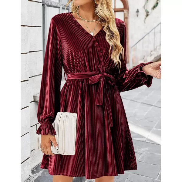 HOTOUCH Womens Velvet Dress Wrap V Neck Flared Dress Long Lantern Sleeve Dresses with Belt Cocktail Party DressWine Red