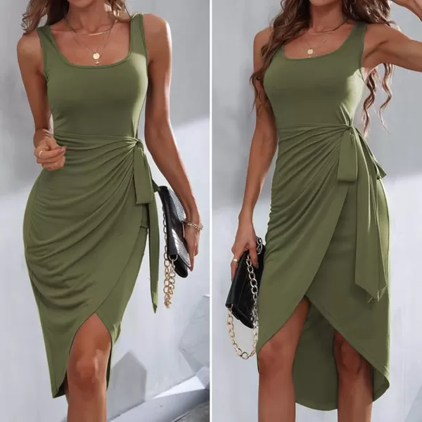 HOTOUCH Womens Wrap Tie Side Bodycon Midi Dress Scoop Neck Sleeveless Ruched Asymmetrical Tank DressesArmy Green