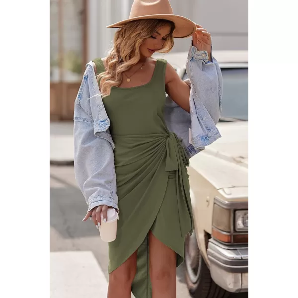HOTOUCH Womens Wrap Tie Side Bodycon Midi Dress Scoop Neck Sleeveless Ruched Asymmetrical Tank DressesArmy Green