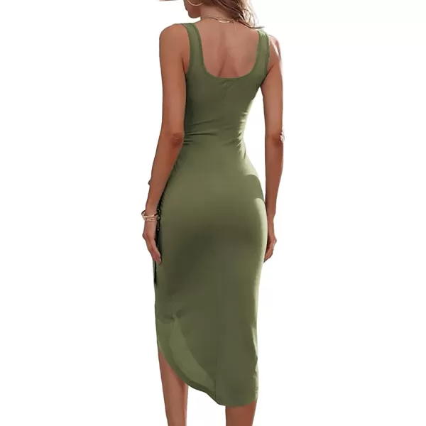 HOTOUCH Womens Wrap Tie Side Bodycon Midi Dress Scoop Neck Sleeveless Ruched Asymmetrical Tank DressesArmy Green