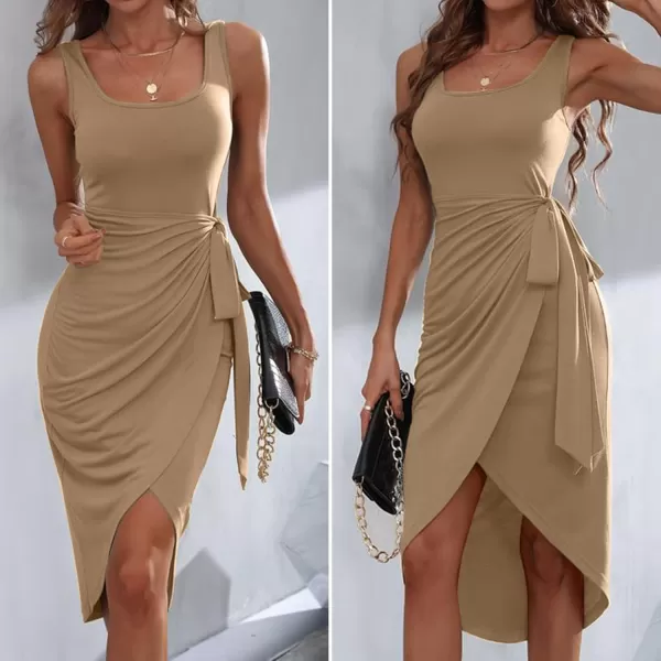 HOTOUCH Womens Wrap Tie Side Bodycon Midi Dress Scoop Neck Sleeveless Ruched Asymmetrical Tank DressesKhaki