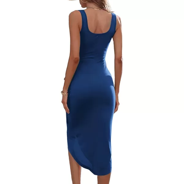 HOTOUCH Womens Wrap Tie Side Bodycon Midi Dress Scoop Neck Sleeveless Ruched Asymmetrical Tank DressesNavy Blue