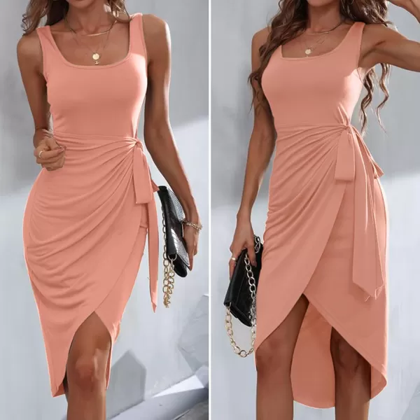 HOTOUCH Womens Wrap Tie Side Bodycon Midi Dress Scoop Neck Sleeveless Ruched Asymmetrical Tank DressesPink