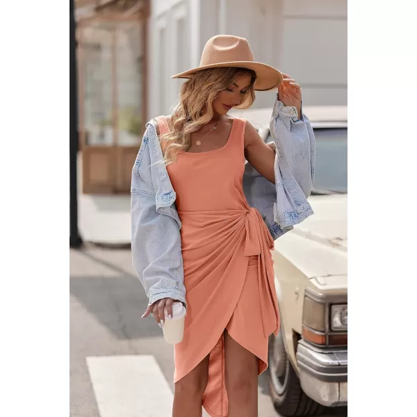 HOTOUCH Womens Wrap Tie Side Bodycon Midi Dress Scoop Neck Sleeveless Ruched Asymmetrical Tank DressesPink