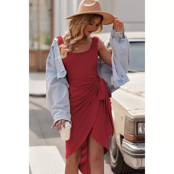 HOTOUCH Womens Wrap Tie Side Bodycon Midi Dress Scoop Neck Sleeveless Ruched Asymmetrical Tank DressesWine Red