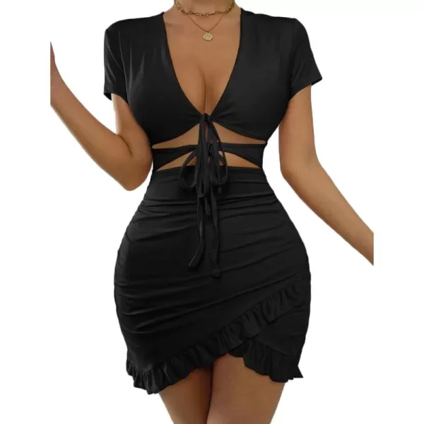 HOTOUCH 2023 Womens Bodycon Dress Short Sleeve Tied Cut Out Ruched Mini Club Party Summer Dresses XSXXLA Black