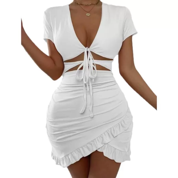 HOTOUCH 2023 Womens Bodycon Dress Short Sleeve Tied Cut Out Ruched Mini Club Party Summer Dresses XSXXLA White