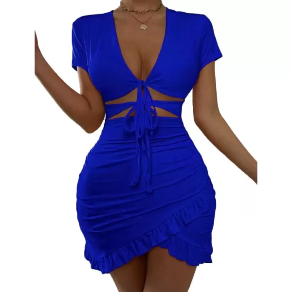 HOTOUCH 2023 Womens Bodycon Dress Short Sleeve Tied Cut Out Ruched Mini Club Party Summer Dresses XSXXLBlue