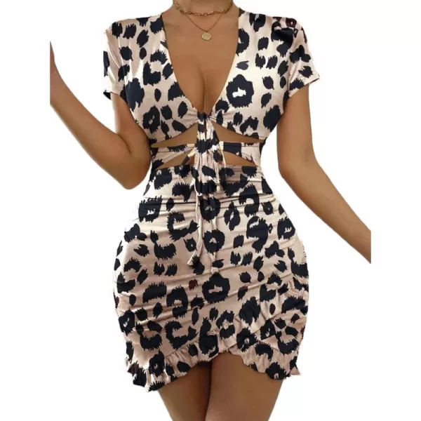 HOTOUCH 2023 Womens Bodycon Dress Short Sleeve Tied Cut Out Ruched Mini Club Party Summer Dresses XSXXLLeopard