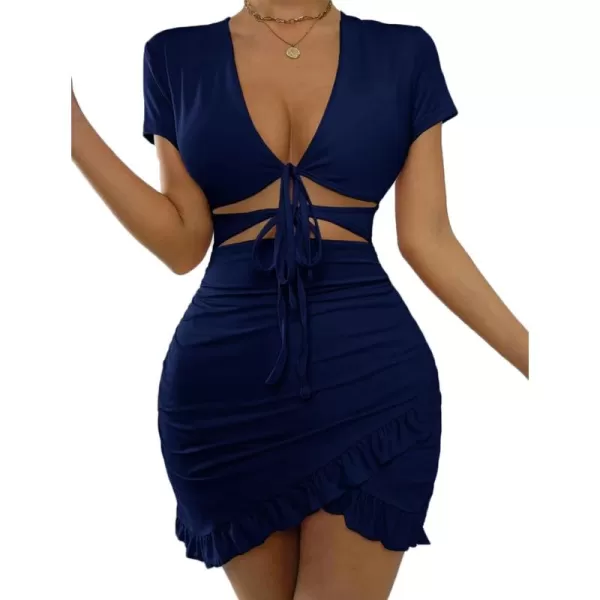 HOTOUCH 2023 Womens Bodycon Dress Short Sleeve Tied Cut Out Ruched Mini Club Party Summer Dresses XSXXLNavy Blue