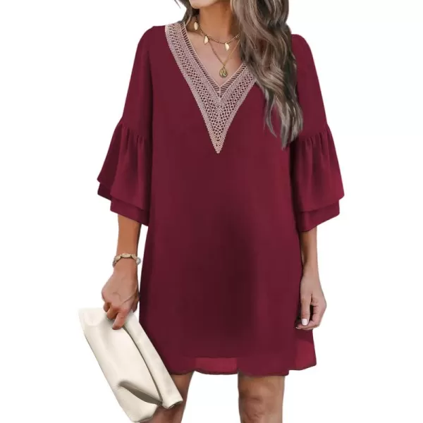 HOTOUCH Dresses for Women 2023 Summer Bell Sleeve Guipure Lace Patchwork Swing Shift Mini DressWine Red