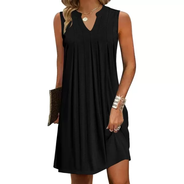 HOTOUCH Women Casual ALine Dress with Pockets 2024 Sleeveless V Neck Pleated Sundress Loose TShirt Work Office DressesBlack