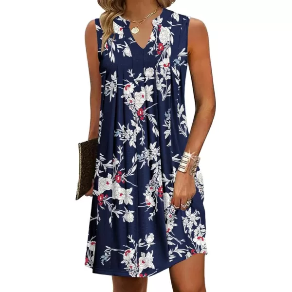 HOTOUCH Women Casual ALine Dress with Pockets 2024 Sleeveless V Neck Pleated Sundress Loose TShirt Work Office DressesBluefloral