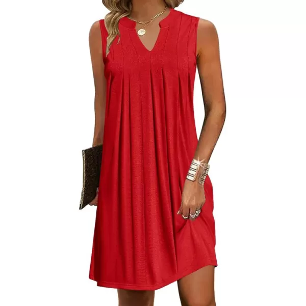 HOTOUCH Women Casual ALine Dress with Pockets 2024 Sleeveless V Neck Pleated Sundress Loose TShirt Work Office DressesRed