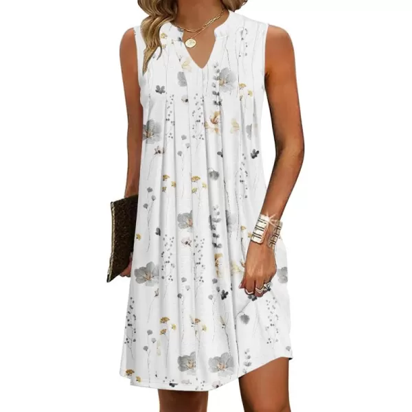 HOTOUCH Women Casual ALine Dress with Pockets 2024 Sleeveless V Neck Pleated Sundress Loose TShirt Work Office DressesWhite Printed