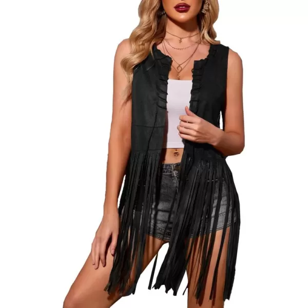 HOTOUCH Women Fringe Vest 70s Hippie Costume Faux Suede Sleeveless Tassels Cardigan Cowgirl Western TopsBlack