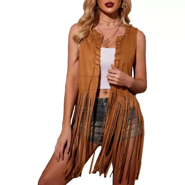 HOTOUCH Women Fringe Vest 70s Hippie Costume Faux Suede Sleeveless Tassels Cardigan Cowgirl Western TopsBrown