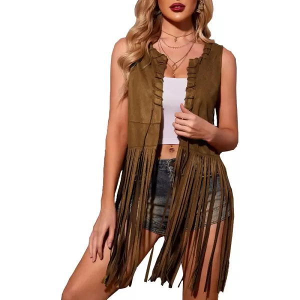 HOTOUCH Women Fringe Vest 70s Hippie Costume Faux Suede Sleeveless Tassels Cardigan Cowgirl Western TopsCoffee Brown