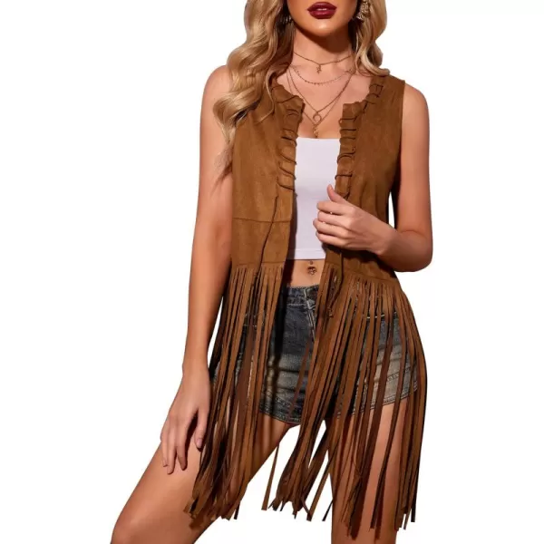 HOTOUCH Women Fringe Vest 70s Hippie Costume Faux Suede Sleeveless Tassels Cardigan Cowgirl Western TopsDark Brown