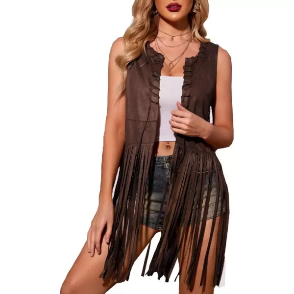 HOTOUCH Women Fringe Vest 70s Hippie Costume Faux Suede Sleeveless Tassels Cardigan Cowgirl Western TopsDark Khaki