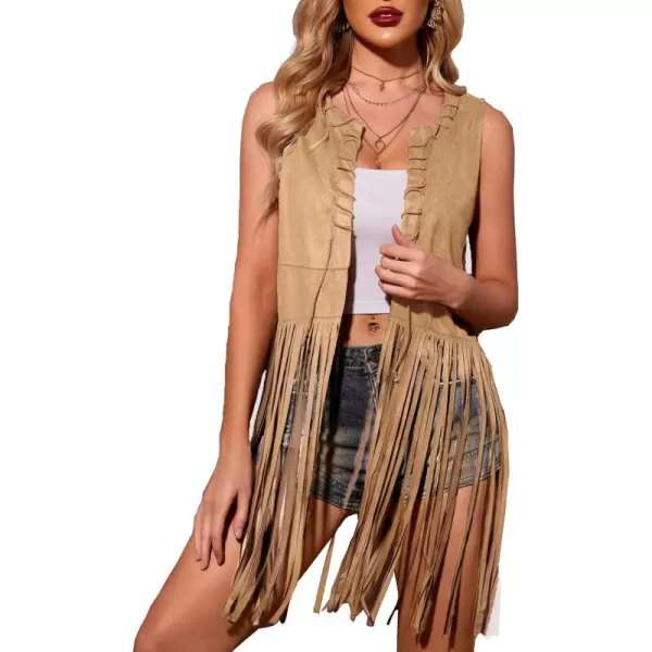 HOTOUCH Women Fringe Vest 70s Hippie Costume Faux Suede Sleeveless Tassels Cardigan Cowgirl Western TopsKhaki