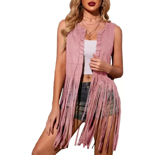 HOTOUCH Women Fringe Vest 70s Hippie Costume Faux Suede Sleeveless Tassels Cardigan Cowgirl Western TopsPink