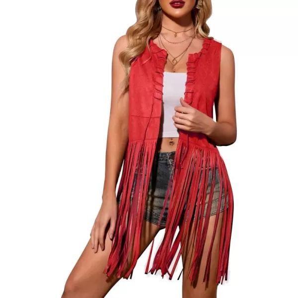 HOTOUCH Women Fringe Vest 70s Hippie Costume Faux Suede Sleeveless Tassels Cardigan Cowgirl Western TopsRed