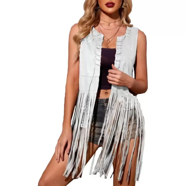 HOTOUCH Women Fringe Vest 70s Hippie Costume Faux Suede Sleeveless Tassels Cardigan Cowgirl Western TopsWhite