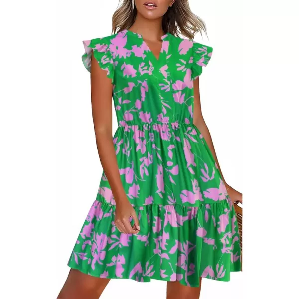 HOTOUCH Women Printed Dress for Summer Short Ruffle Sleeve Dress Tiered Mini Dress with PocketsGreen Flower Print