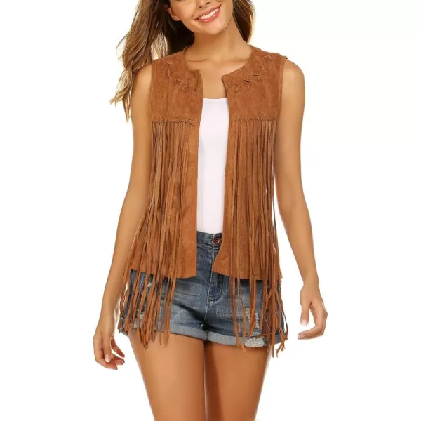 HOTOUCH Women Tassel Vest Fringe Vest 70s Hippie Faux Suede Sleeveless Vest Jacket XSXXXLBbrown